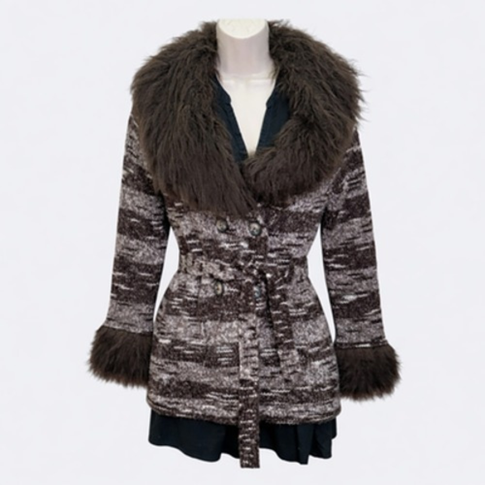 Lucy Laurel Faux Fur Collar Sweater Coat M Belted Brown Knit Cardigan Mob Wife